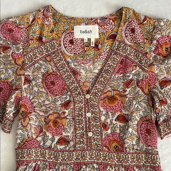ba&sh | Valia Floral Print Short Sleeve Boho Mini Dress 1E22VALI Ocre (XS 2) - Picture 3 of 16